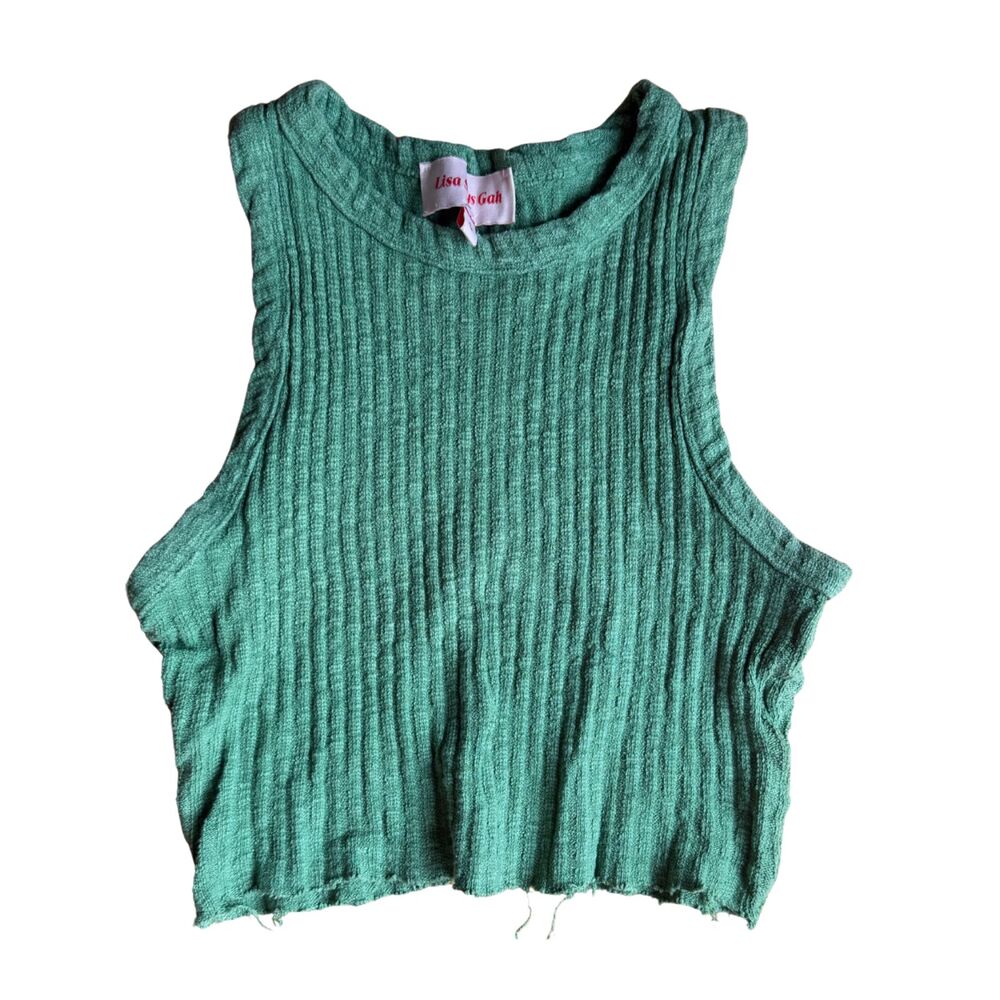 Lisa Says Gah Green Ribbed Knit High Neck Crop Tank Top Distressed Hem Size S